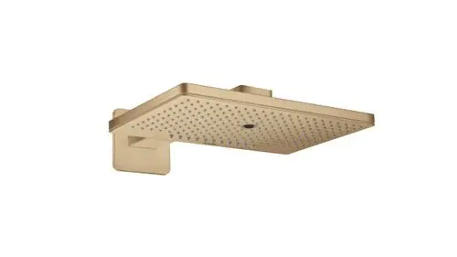Duschenkopf in gebürstetem Bronze mit flacher Form, abgerundeten Kanten und Wasserstrahldüsen. Befestigungselemente sichtbar. Produkt von AXOR.